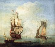 Monamy, Peter A clam scene,with two small drying sails oil painting reproduction